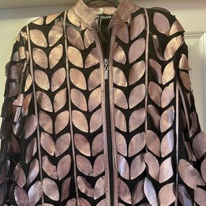 Bronze leather leaf on mesh jacket. Made in Turkey